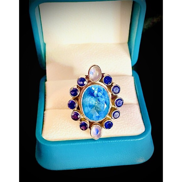 Vintage Striking Aquamarine Moonstone & Amethyst Sterling Adjustable Ring